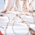Elegant 90x90cm satin silk scarf with golden chain and horsebit patterns in white - 90x90cm / White Chain with Horsebit (BX90) / White