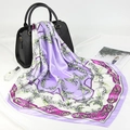 Detail of elegant floral satin scarf with lily of the valley pattern draped on a handbag - 90x90cm / 17# Purple Harebell