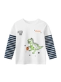 Kids dinosaur graphic long sleeve t-shirt with striped sleeves and fake two-piece design - Size 100 / Off White