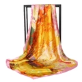 Macro detail of high-quality satin scarf with abstract oil painting print and fine stitching - Pink
