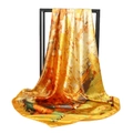 Artistic oil painting silk satin square scarf with bright yellow and golden patterns - Gold