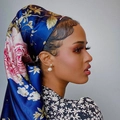 Floral satin silk scarf 90x90cm in navy blue worn with pearl earrings for sun protection - Retro Floral Pattern / 90*90cm / Dark Blue