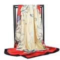 Detailed view of elegant bird and floral prints on a satin scarf with red borders - Red Beige Black Bird (#40)