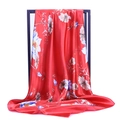 Detail of red satin scarf showing elegant lotus prints and smooth glossy silk texture - Red Chinese Lotus (#24)