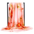 90cm satin square scarf with pink floral lotus print and high-gloss silk-like texture - Pink Red Gold Lotus (#23)