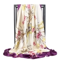 Detail view of floral satin silk square scarf with purple hem and butterfly print - Beige Purple Butterfly (#19)
