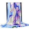 90cm satin silk square scarf featuring vibrant floral prints in blue and purple hues - Lake Blue Floral (#6)