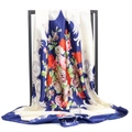 Detail of 90cm satin square scarf with vintage rose print and baroque vine texture - Navy White Rose (#5)