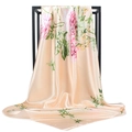 Champagne satin square scarf featuring elegant pink rose prints and silk-like luster - Beige Pink Rose (#30)