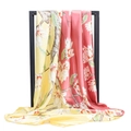 90cm satin scarf with yellow and coral red split design and magnolia floral prints - Yellow Red Magnolia (#1)