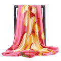Hot pink 90cm satin silk scarf featuring large yellow lily prints and green leaves - Rose Pink Large Floral (#7)