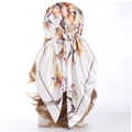 Retro floral satin square scarf with yellow flowers on cream background tied on model - Creamy White Plum