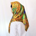 Golden paisley print satin silk scarf worn as a colorful headscarf wrap for women - 90x90cm / Model Color (Multicolor Paisley)