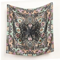 Vintage 90cm paisley print square satin scarf in black with mint and orange floral patterns - Gray Black Paisley