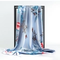 Gray-blue satin square scarf featuring elegant floral print on a sleek metal stand - Grey Blue Floral (#14)