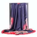 90cm satin silk scarf in navy blue with elegant red peony flower print and smooth finish - Navy Red Peony (#15)