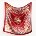 Red satin silk square scarf with vintage golden paisley and floral patterns - 90x90cm / Wine Red Paisley