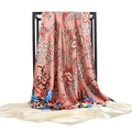 Pink paisley and floral print 90cm satin silk scarf hanging on a minimalist black frame - Pink Paisley Patchwork (#27)