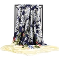 Navy blue satin square scarf with paisley and floral print on a display stand - Navy Paisley Floral (#28)