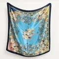 Blue paisley satin silk square scarf with floral print and navy blue borders - 90x90cm / Sky Blue Paisley Floral