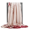Champagne floral satin scarf with burgundy borders draped on a black frame - Pink Red Plum Blossom (#32)