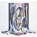 90cm satin square scarf with elegant equestrian print and Greek key border in navy and gold - Mixed Equestrian Chain (#34)