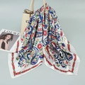 Retro paisley and red floral print satin square scarf draped on a beige handbag - White Paisley