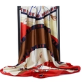 Red and beige geometric floral satin square scarf draped elegantly on a black stand - Patchwork Calla Lily (#36)