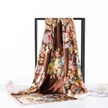 Dark brown satin silk scarf with colorful floral paisley print on elegant metal stand - 90x90cm / Black Greek Key (Dark Brown Print)