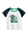Jongens T-shirt met raglanmouwen en een cartoon T-Rex dinosaurus roar print - 120cm / Off-white/Nobel Blauw