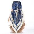 Baroque chain print satin square scarf in navy and cream worn as a stylish headscarf - 90x90cm / Navy Blue Chain