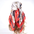 Red and navy blue baroque chain print satin headscarf styled on blonde wavy hair - 90x90cm / Chain Red