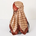 Golden and brown geometric diamond pattern satin headscarf shown in a hair wrap style - 90x90cm / Coffee With Letters