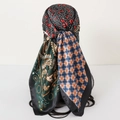 Satin silk scarf featuring a retro chain and paisley patchwork print in dark green and blue - 90x90cm / Green Patchwork Paisley