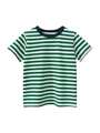 Classic green and white striped cotton T-shirt for boys with a navy blue crew neck - 90cm / Dark Green and Off White Striped