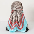 Vintage 90x90cm satin square scarf with silver geometric Greek Key and red blue patterns - 90x90cm / Green Letter
