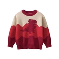 Kids long sleeve knit sweater with three-tone color block and cartoon dinosaur pattern - 90 / Red