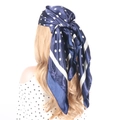 Dark blue satin silk square scarf with white polka dot pattern worn as headscarf - #1 Navy Blue