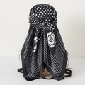 Elegant black and white floral satin headscarf with polka dots and camellia pattern - 90x90cm / Polka Dot Camellia Black