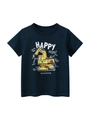Kinder T-Shirt in Dunkelblau aus Baumwolle mit gelbem Bagger-Motiv und coolem Schriftzug - 100cm / Königsblau
