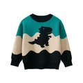 Kids long sleeve knit sweater with green wavy stripes and black dinosaur silhouette - 90 / Green
