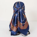 Navy blue satin silk square scarf with golden rope print and red-green stripe border - 90x90cm / Navy Blue Chain