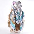 Blue and pink heraldic chain print silk scarf styled as an elegant head accessory - 90x90cm / Blue Pink Sailing