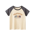 Kids cream and grey raglan sleeve T-shirt featuring three colorful cartoon bears print - 90cm / Apricot/Dark Grey
