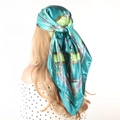 Teal and yellow 90cm satin square scarf with equestrian chain print worn as headscarf - 90x90cm / Chain Circle Green