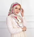 Pink and beige satin silk hijab scarf with classic chain and floral print for women - Pink Chain