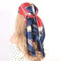 Satin square scarf with red and navy equestrian chain print worn as a stylish headscarf - 90x90cm / Chain Circle Navy