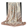 90cm square satin silk scarf with vintage paisley and floral pattern in cream beige - Light Khaki Floral