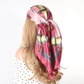 Pink and yellow satin square scarf with vintage chain print worn as a headscarf - 90x90cm / Chain Circle Pink