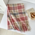 Detailed view of pink plaid scarf with soft cashmere-feel fabric and long fringe trim - Dusky Pink